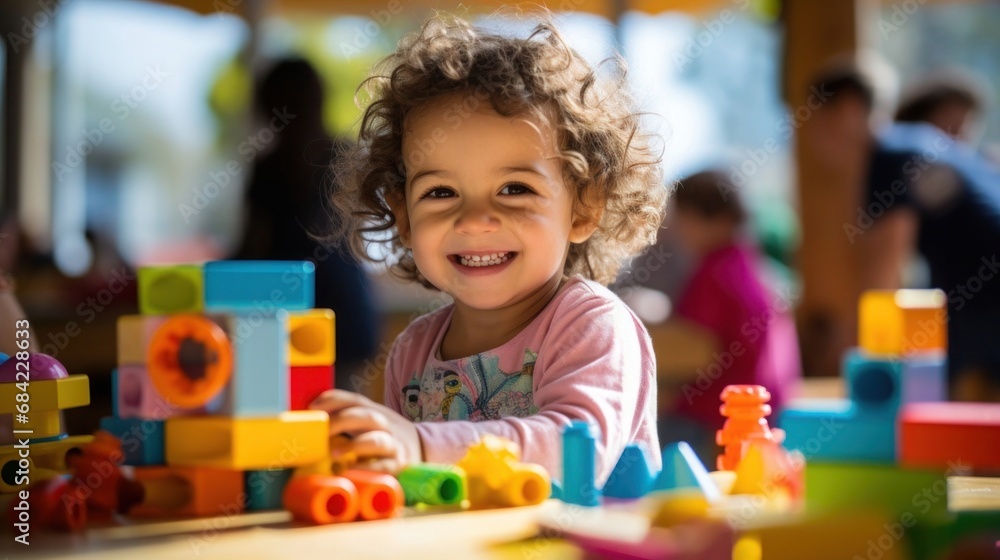 child playing with colorful building blocks in the school's play area child playing with colorful building blocks in the school's play area