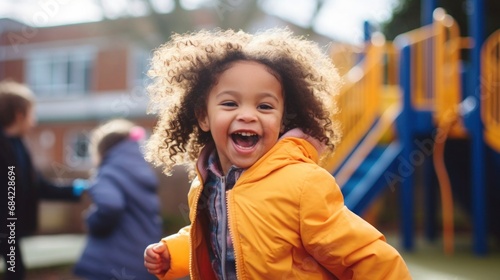 a cheerful child playing on the school playground