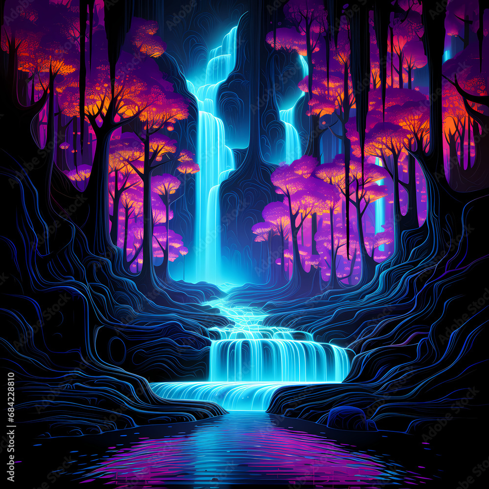 the ephemeral glow of neon lights in the cascading streams of a waterfall