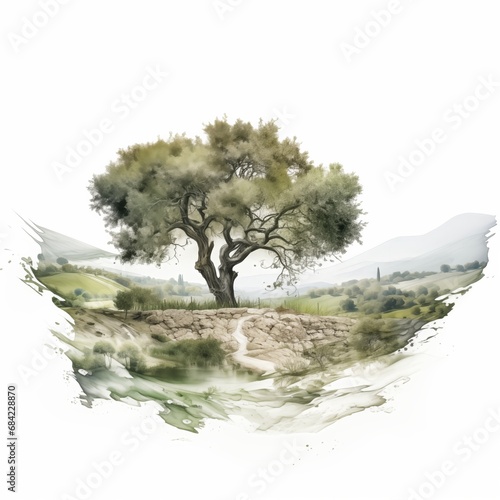 Olive tree with nature landscape watercolor style.