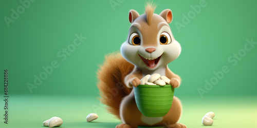 Closeup Cute cartoon 3d squirrel with nuts isolated on flat green background with copy space. Banner template for advertising a product with natural whole nuts composition.