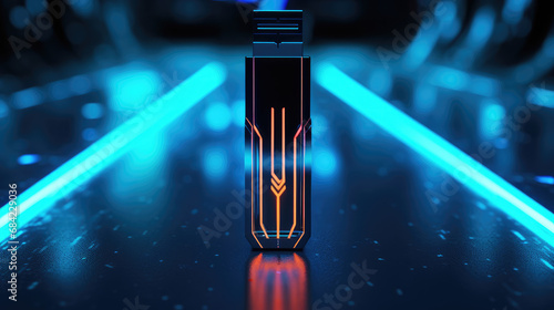 USB flash drive on black background with neon glowing modern lines. Creative concept of hardware crypto wallet for safe storage of personal data. photo