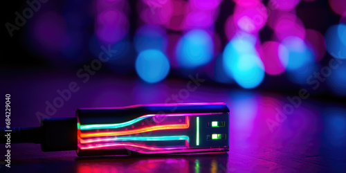 USB flash drive on black background with neon glowing lines. Creative banner of hardware crypto wallet for safe storage of personal data. photo