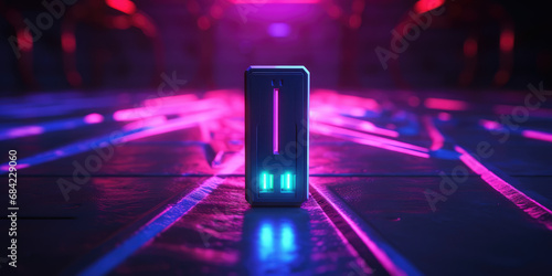 USB flash drive on black background with neon glowing lines. Creative banner of hardware crypto wallet for safe storage of personal data.