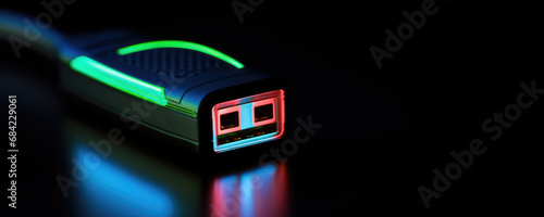 USB flash drive on black background with neon glowing lines. Creative concept of hardware crypto wallet for safe storage of personal data.