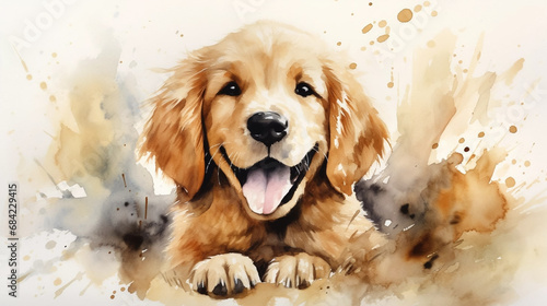 stockphoto, cute little golde retriever puppy in watercolor design. Portrait of a beautiful golden retriever. Watercolor style. 