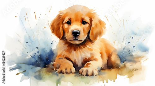 stockphoto, cute little golde retriever puppy in watercolor design. Portrait of a beautiful golden retriever. Watercolor style. 