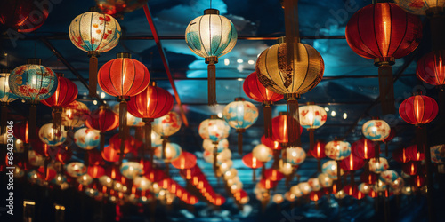 Red lanterns are hanging from the ceiling  asian-inspired  night photography  lively and energetic  light gold and dark azure. Chinese new year