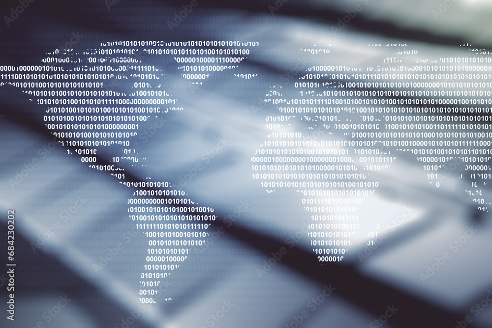 Fototapeta premium Abstract creative digital world map on abstract metal background, globalization concept. Multiexposure