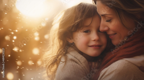 Isolated mother hugging child son daughter on defocused bokeh flare background © BeautyStock