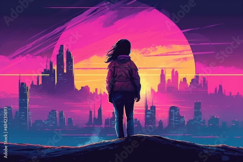 Silhouette of a girl looking to a city skyline aut sunset. photo