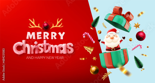 Merry Christmas and Happy New Year Poster or banner with cute santa claus in gift box and christmas element for Retail,Shopping or Christmas Promotion. Vector illustration eps 10 photo