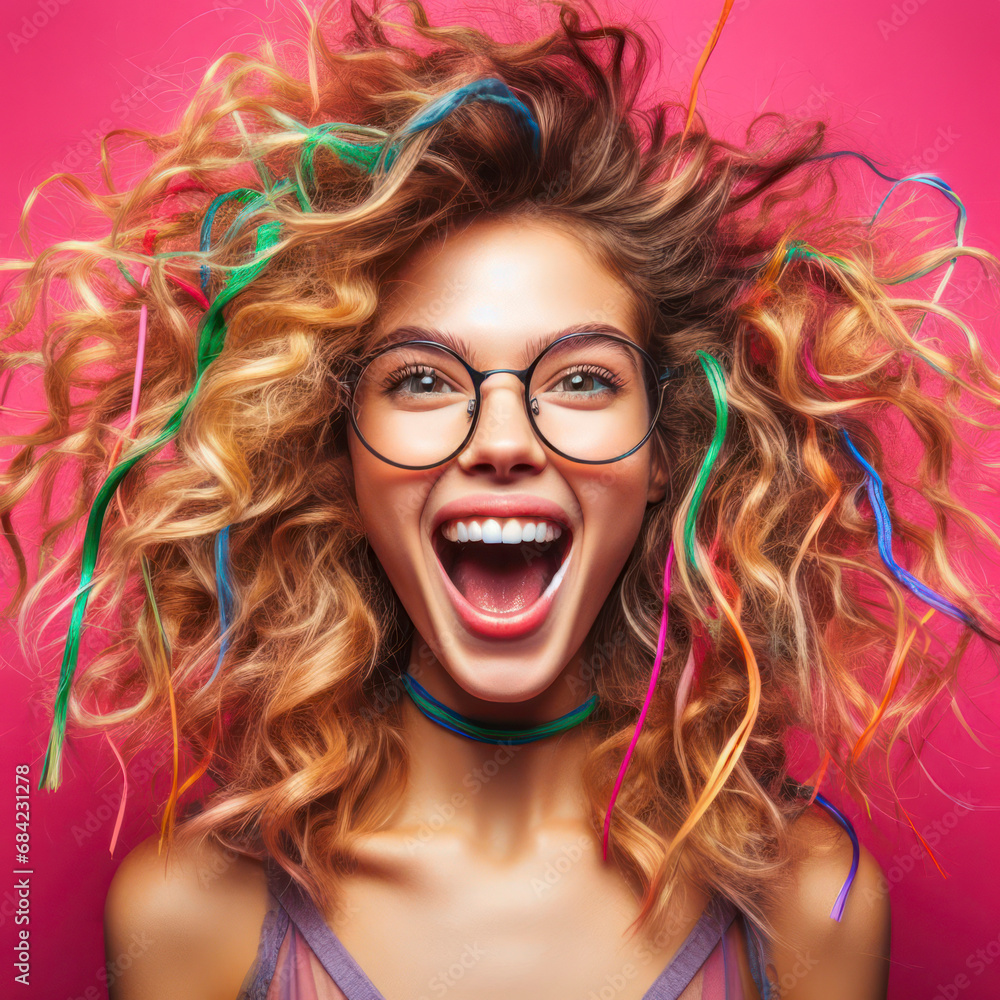 portrait of a curly haired girl with tousled locks, donning multicolored strands and glasses. ai generative