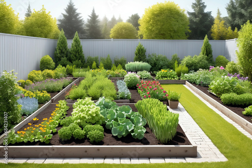 Raised garden beds with plants in vegetable community garden