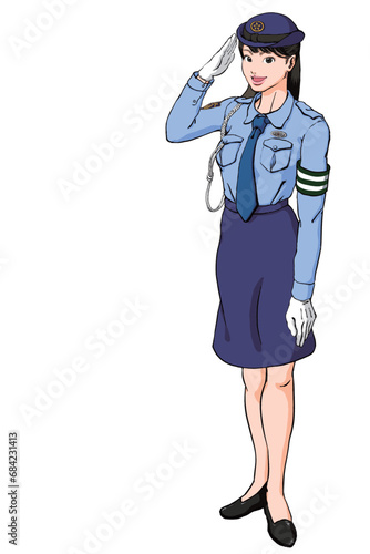 敬礼する若い女性警察官_夏服交通腕章あり