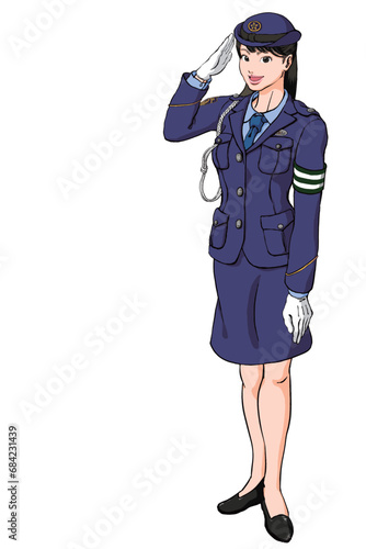 敬礼する若い女性警察官_交通腕章あり