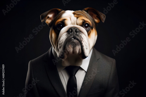 Portrait of a dog dressed in a formal business suit  bulldog on solid black background. ai generative