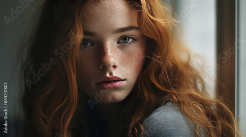 Attractive young girl with curly red hair - Generative AI © BooNKer