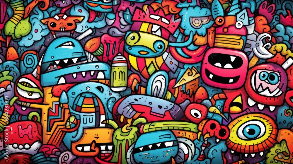 Pattern of a group of colorful faces, a frame made of childish doodles with thick, kids coloring Pattern of a group of colorful faces, a frame made of childish doodles with thick, kids coloring