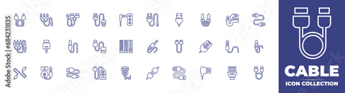 Cable line icon collection. Editable stroke. Vector illustration. Containing av cable, jack, audio jack, plug, cable, hdmi cable, extension cable, network cable, usb cable, usb, dual, ethernet, rca.