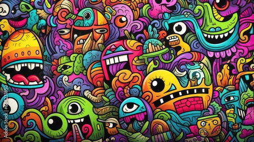 Pattern of a group of colorful faces  a frame made of childish doodles with thick  kids coloring