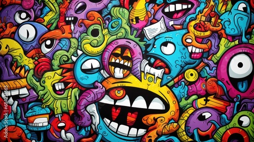 Pattern of a group of colorful faces  a frame made of childish doodles with thick  kids coloring