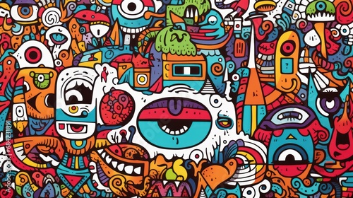Pattern of a group of colorful faces, a frame made of childish doodles with thick, kids coloring © Gasia