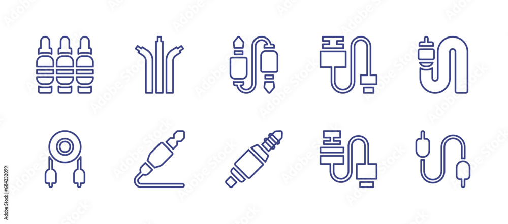 Cable line icon set. Editable stroke. Vector illustration. Containing cables, audio cable, usb cable, jack cable, sound cable, audio jack.