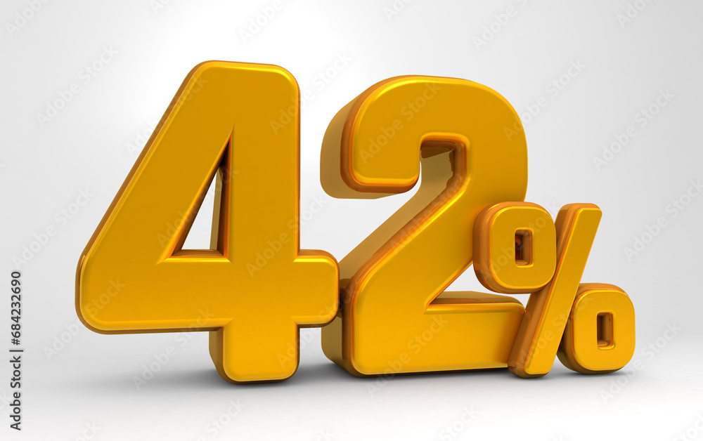 Golden 42% 3d isolated on white background. 42% off 3D. 42% mega sale or forty two percent bonus. Sale of special offers. 3d rendering. Golden 42% 3d isolated on white background. 42% off 3D. 42% mega sale or forty two percent bonus. Sale of special offers. 3d rendering.