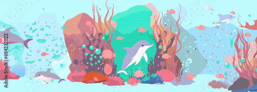 Underwater life at sea or ocean bottom, seaweeds and aquatic habitats in depth, undersea illustration with dolphins