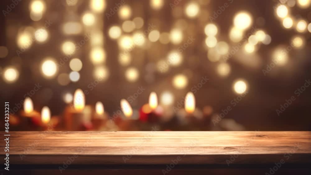 empty wooden desk in the foreground, christmas candles and lights in the background, 4k seamless loop