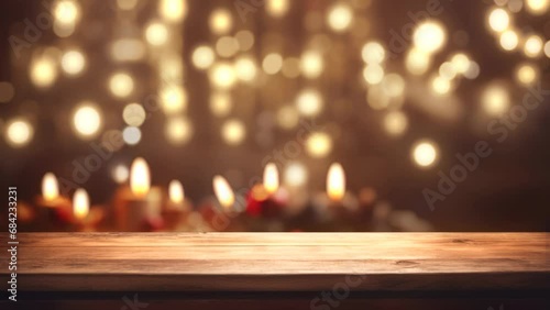 empty wooden desk in the foreground, christmas candles and lights in the background, 4k seamless loop