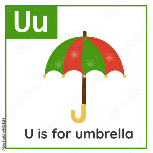 Learning English alphabet for kids. Letter U. Christmas cards. Worksheet for kids.