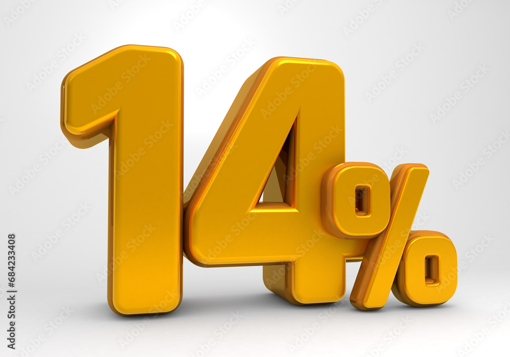 Golden 14% 3d isolated on white background. 14% off 3D. 14% mega sale or fourteen percent bonus. Sale of special offers. 3d rendering. Golden 14% 3d isolated on white background. 14% off 3D. 14% mega sale or fourteen percent bonus. Sale of special offers. 3d rendering.