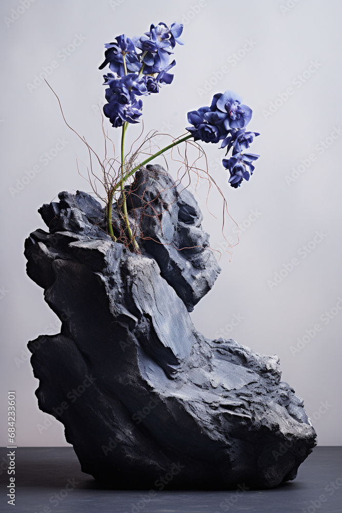 an odd looking piece of rock sitting in a room, in the style of nature-inspired forms, dark silver and navy, , made of flowers, white background created with Generative Ai