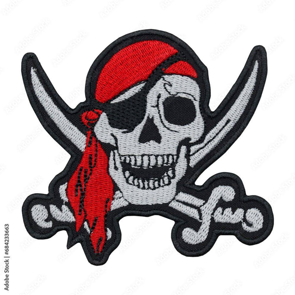 Fototapeta premium Skull and Bones Embroidered Patch. Jolly Roger. Pirate style. Punk Rock, Danger. Accessory for rockers, metalheads, punks, goths.