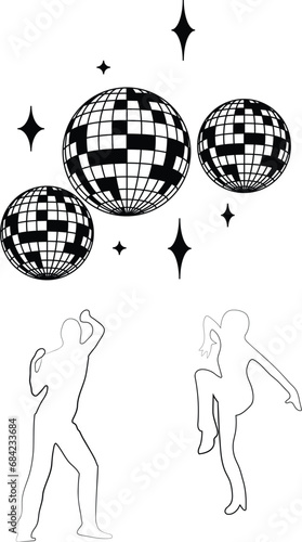Disco lights and dancers dancing below. Illustration of disco lights and dancers. Hand-drawn style
