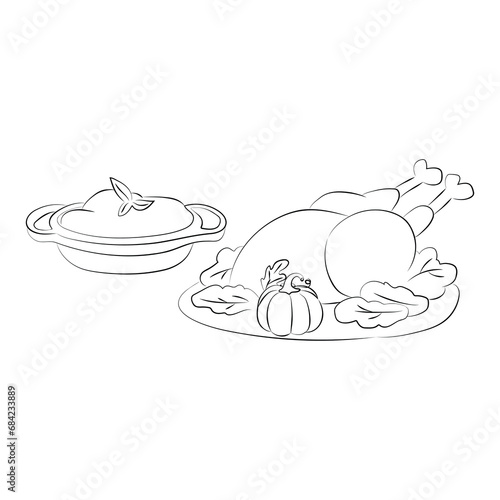 Hand drawn vector illustration grilled turkey on plate Thanksgiving traditional coloring page template
