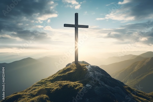 Wooden cross on the top of the mountain with clouds on the background