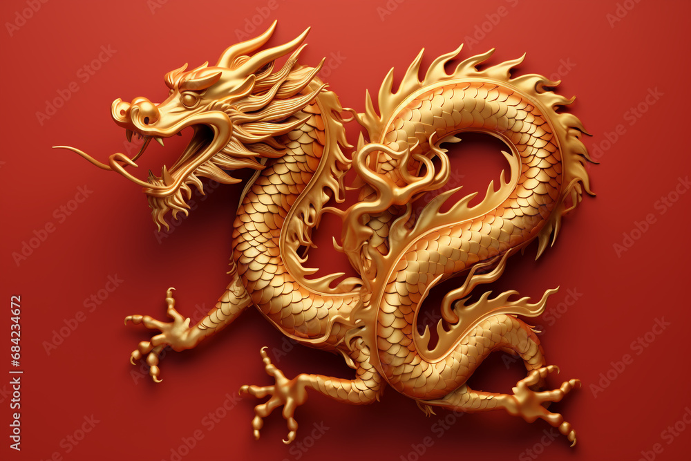 Fototapeta premium The golden dragon on a chinese red background, hyper-realistic details, shaped canvas, 3d, detailed character illustrations, poster, matte background. Chinese new year