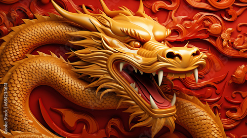 The golden dragon on a chinese red background, hyper-realistic details, shaped canvas, 3d, detailed character illustrations, poster, matte background. Chinese new year