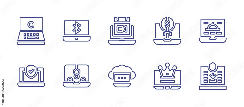 Laptop line icon set. Editable stroke. Vector illustration. Containing laptop, calendar, cloud computing, online money, premium, online order, download.