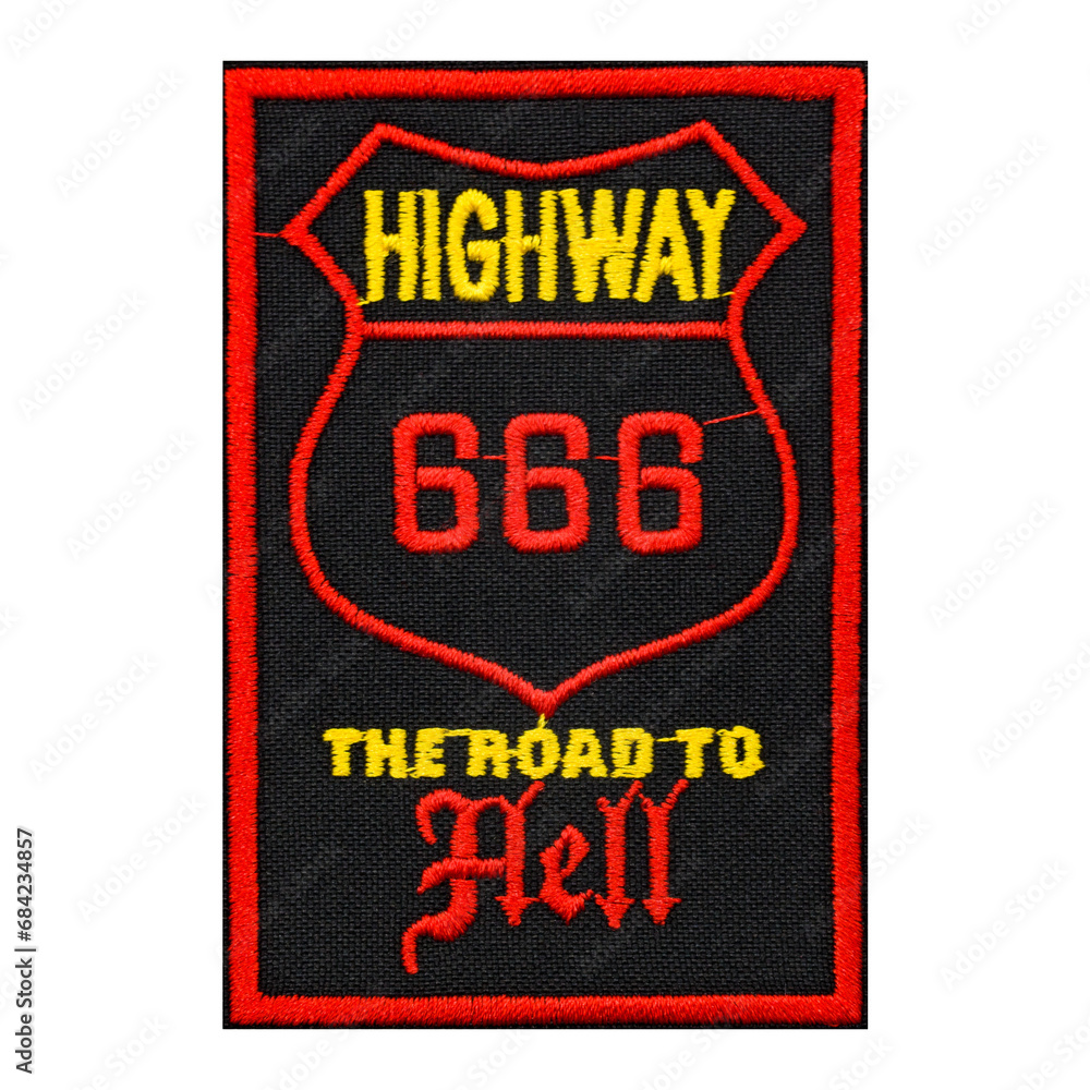 Embroidered patch Road to Hell, Highway 666, Baphomet. Occult symbolism. Satan. Accessory for rockers, metalheads, punks, goths. Embroidered patch Road to Hell, Highway 666, Baphomet. Occult symbolism. Satan. Accessory for rockers, metalheads, punks, goths.