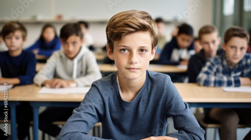 A boy sitting at a desk in a classroom