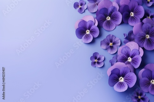 Frame made of beautiful violet and purple pansy flowers on light blue background with copy space. Floral spring backdrop. Border for design greeting card or banner for wedding, mother or woman day