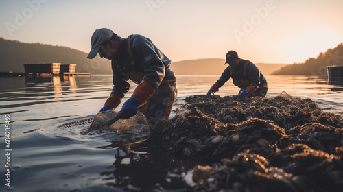 worker in oyster farm collecting cages with oysters . oyster aquaculture concept.