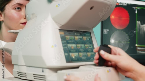 A female ophthalmologist performs a retinal examination using optical coherence tomography (OCT). The concept of medical vision diagnostics or vision correction.