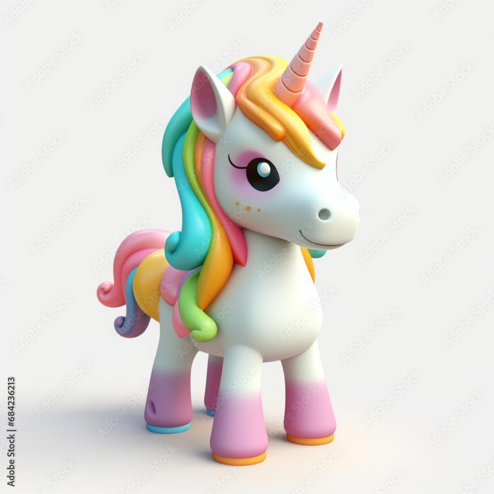 Magical Unicorn with Rainbow Mane, Fantasy and Magic cartoon 3d, 3d render on white background Magical Unicorn with Rainbow Mane, Fantasy and Magic cartoon 3d, 3d render on white background