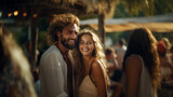 tropical vacations, man and woman couple, 20s 30s, caucasian, slender attractive, blonde, gathering or party or chill and hangout, tropical natural nature, fictional location, people and restaurant