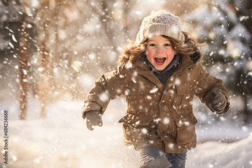 Happy child running at sunny snowy park